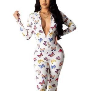 WUSENST Women Sexy Zip-up Deep V Bodycon Jumpsuit